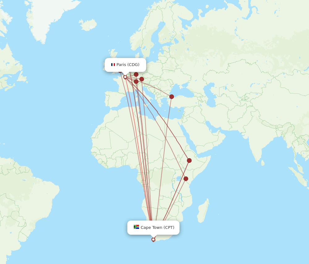 CDG to CPT flights and routes map