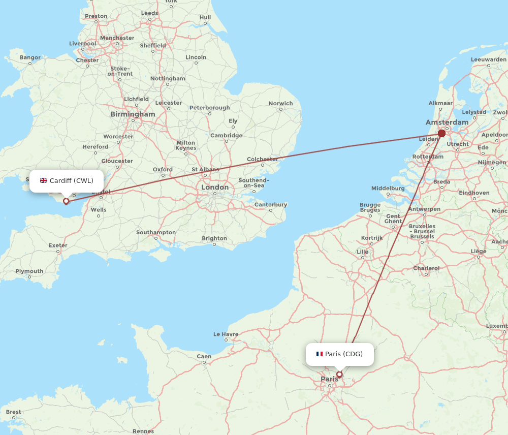 CDG to CWL flights and routes map