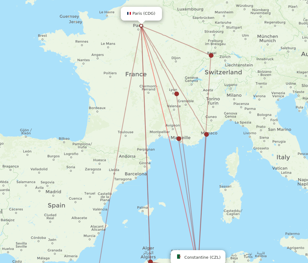 CDG to CZL flights and routes map