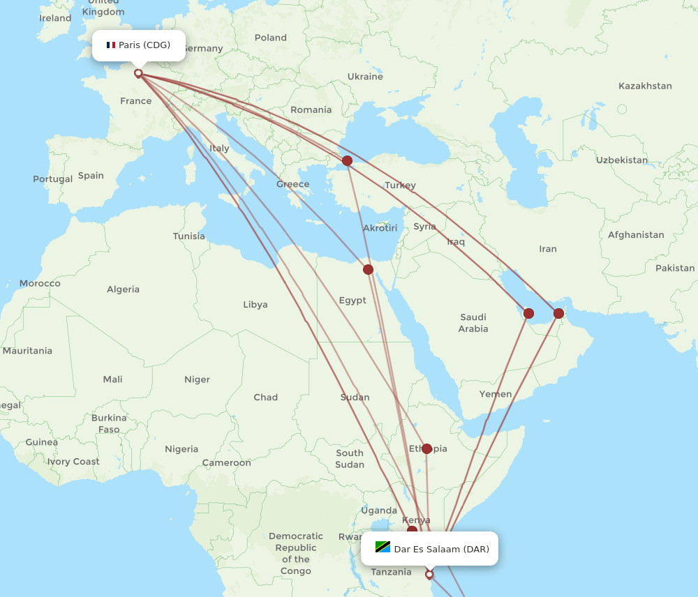 CDG to DAR flights and routes map