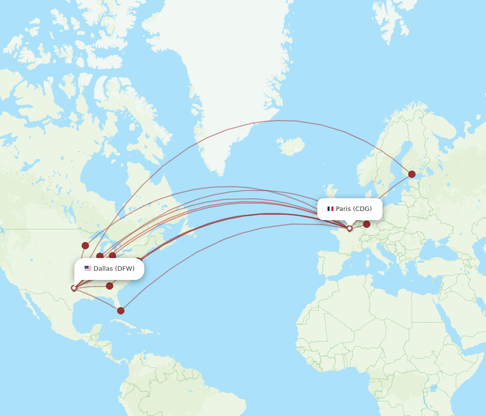 CDG to DFW flights and routes map