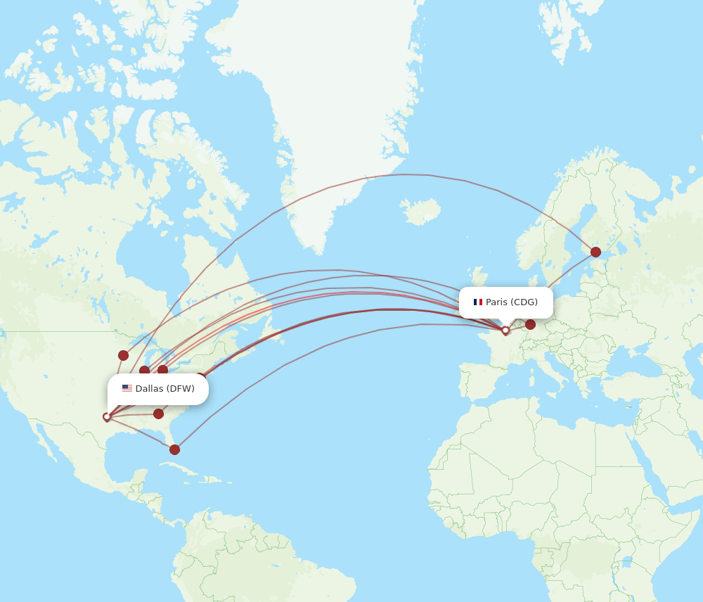 CDG to DFW flights and routes map