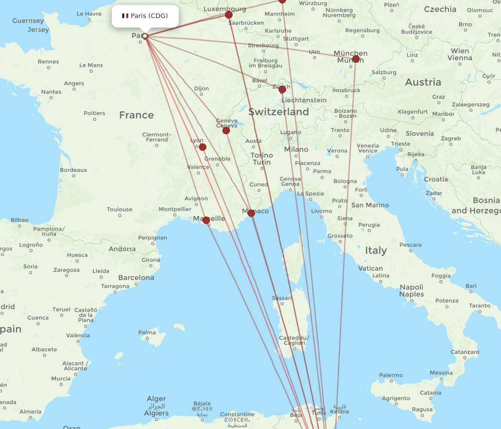 CDG to DJE flights and routes map