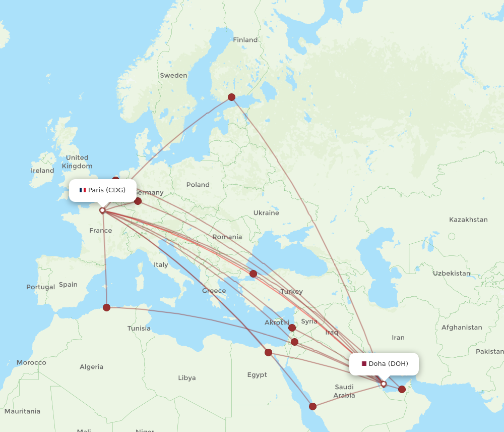CDG to DOH flights and routes map