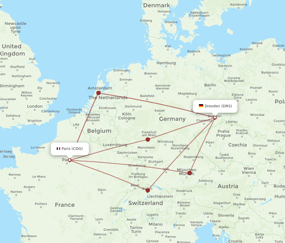 CDG to DRS flights and routes map