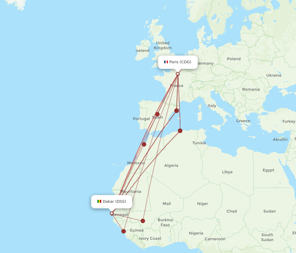 CDG to DSS flights and routes map