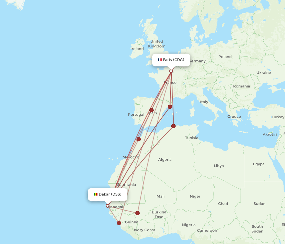 CDG to DSS flights and routes map