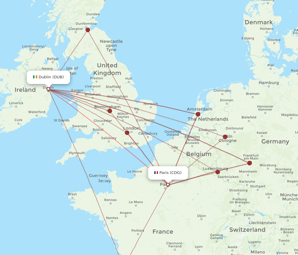 CDG to DUB flights and routes map