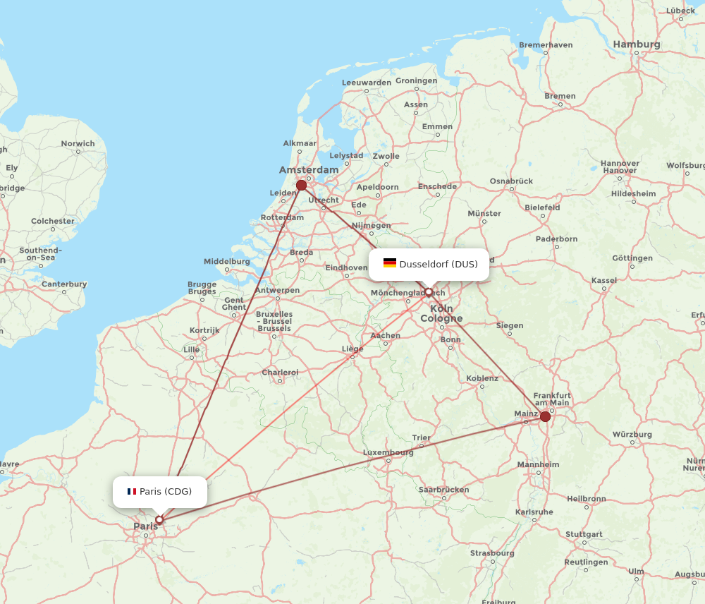 CDG to DUS flights and routes map