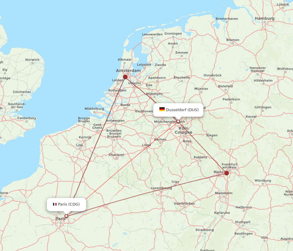 CDG to DUS flights and routes map