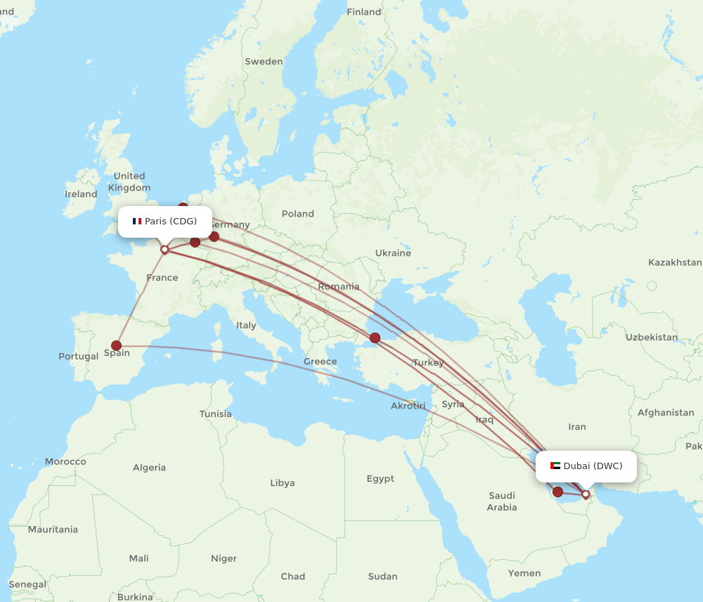 CDG to DWC flights and routes map