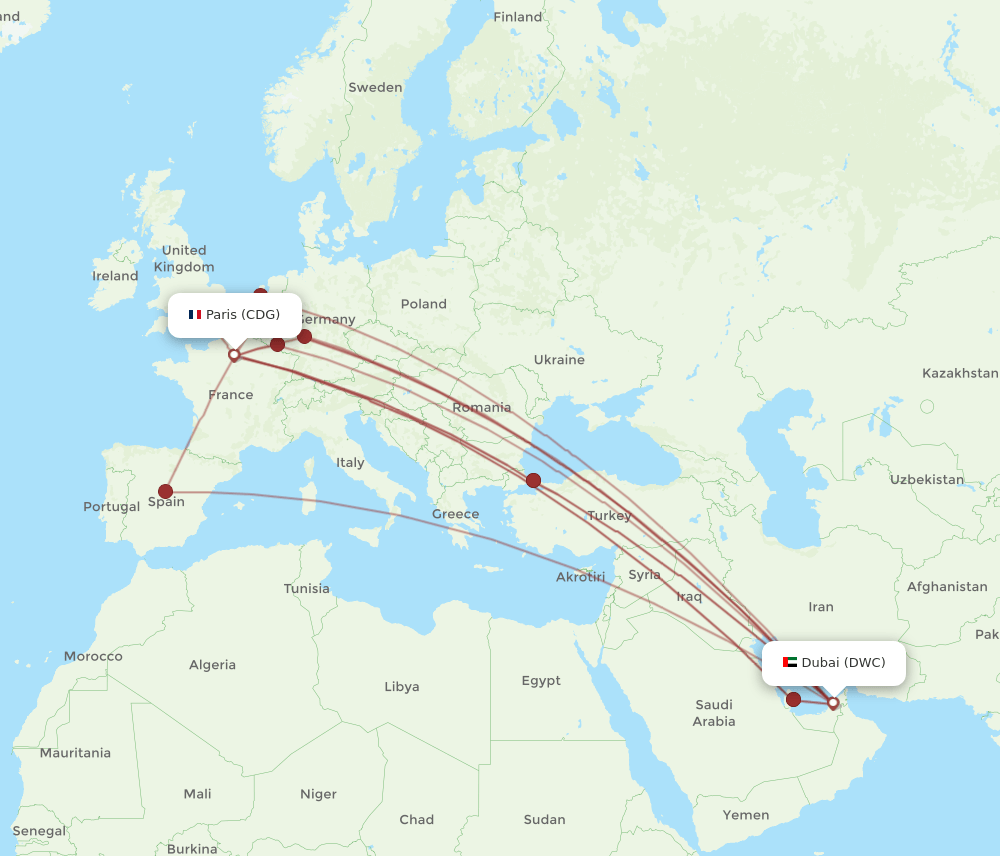 Paris - Dubai route map and flight paths