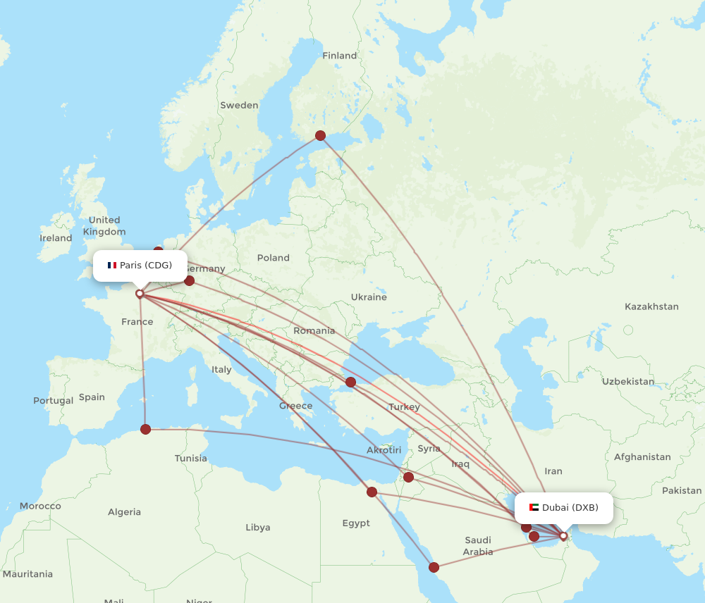 CDG to DXB flights and routes map