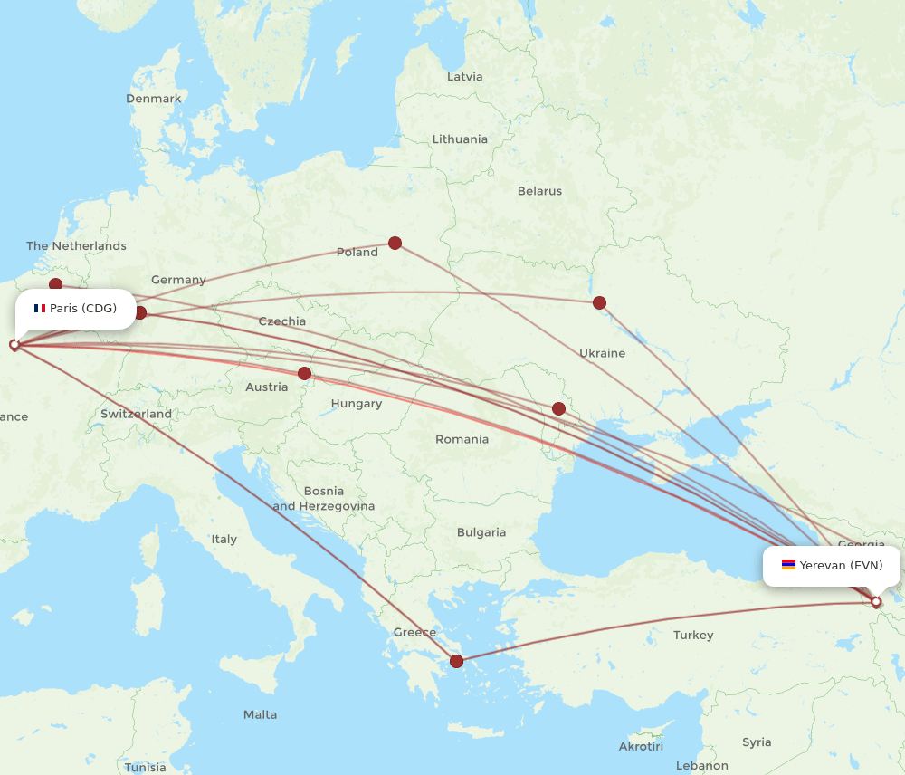 CDG-EVN flight routes