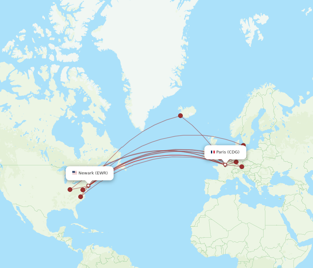 CDG to EWR flights and routes map