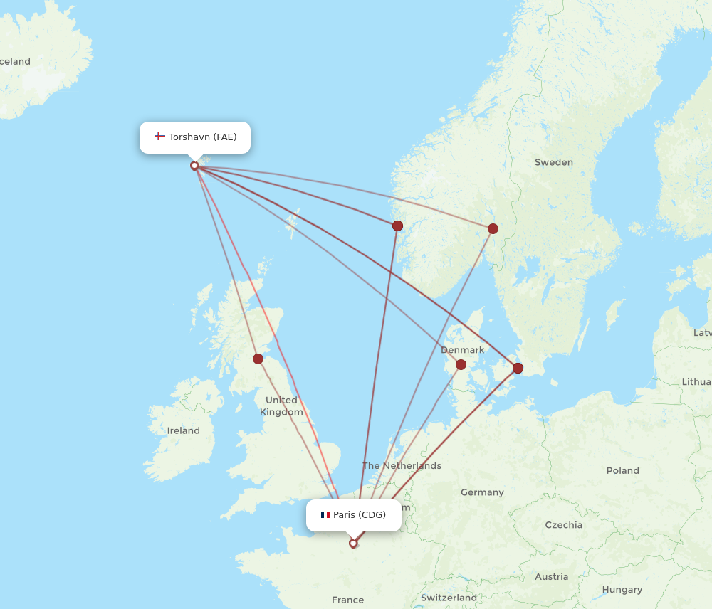 CDG to FAE flights and routes map