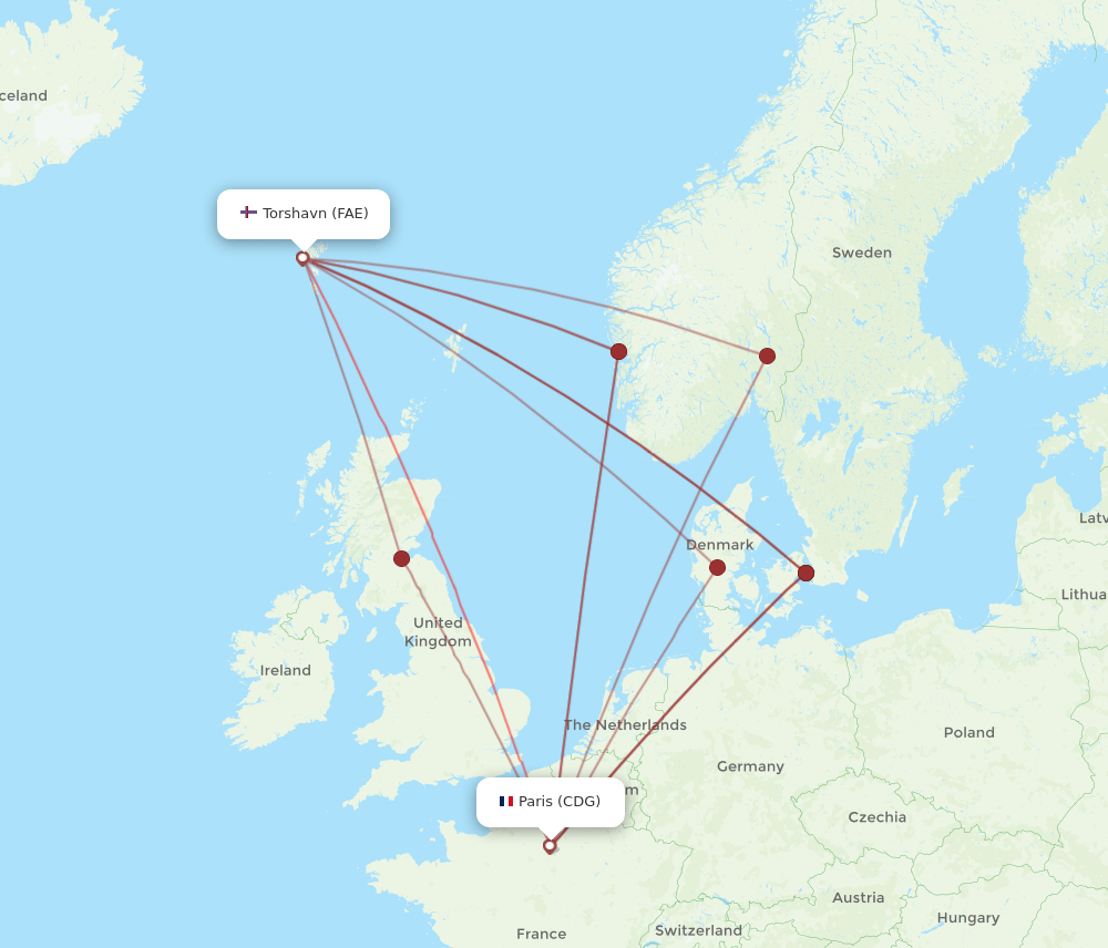 CDG-FAE flight routes