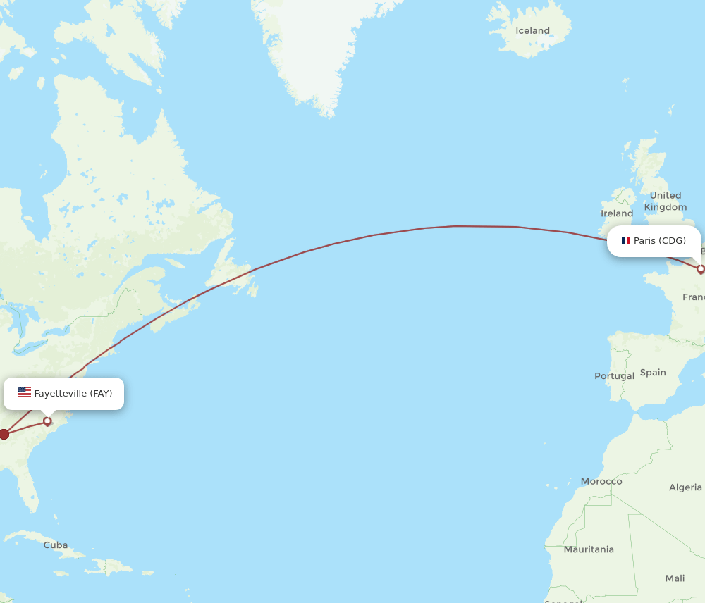 CDG to FAY flights and routes map