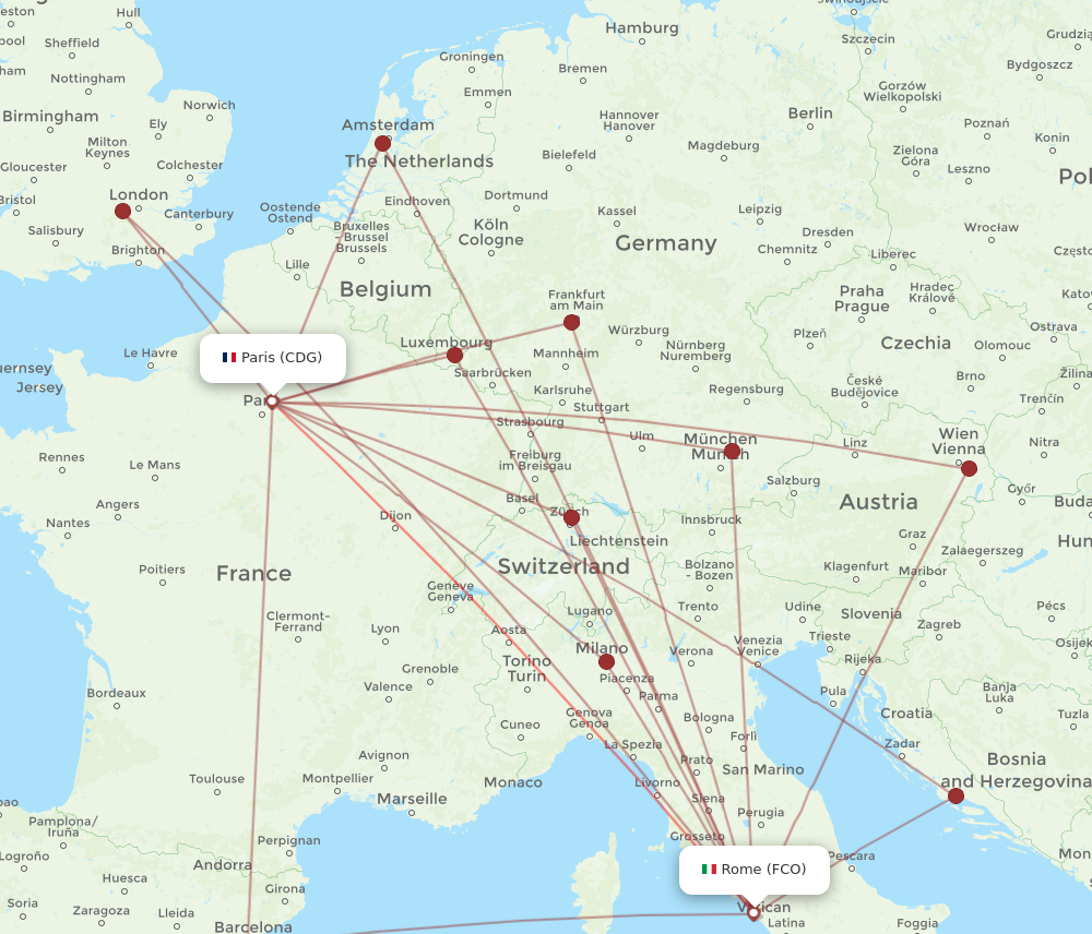 CDG to FCO flights and routes map