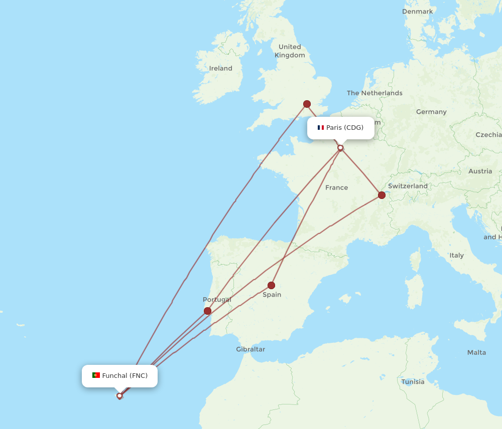 CDG to FNC flights and routes map
