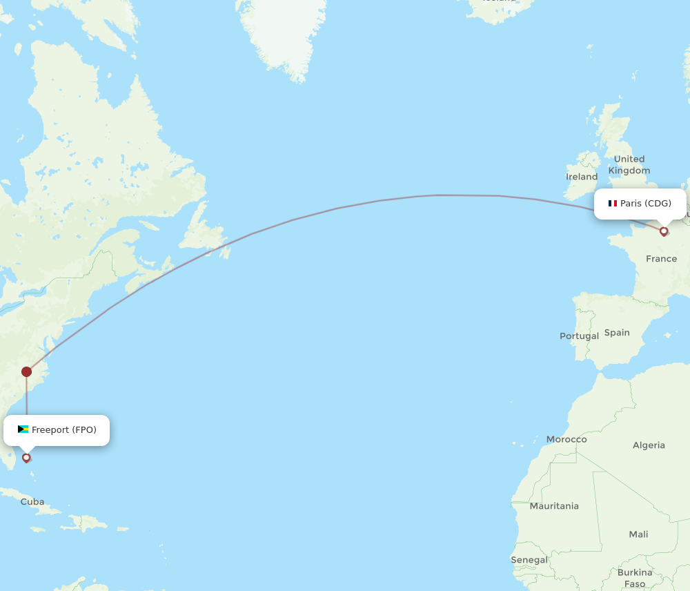 Paris - Freeport route map and flight paths
