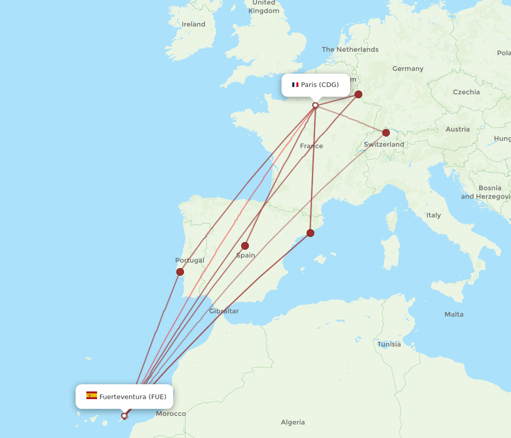 CDG to FUE flights and routes map