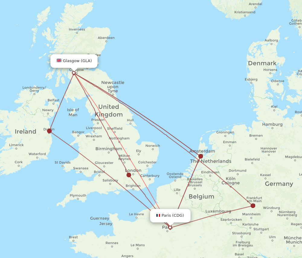 CDG to GLA flights and routes map