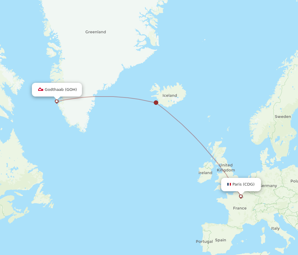 Nuuk - Paris route map and flight paths