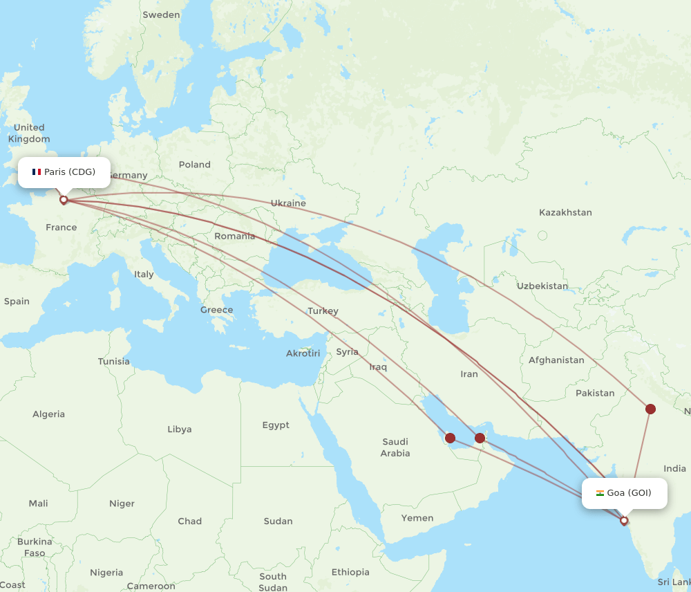 CDG to GOI flights and routes map