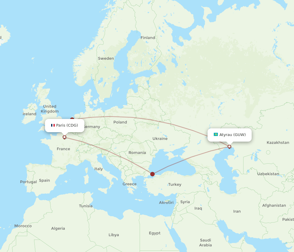 CDG to GUW flights and routes map