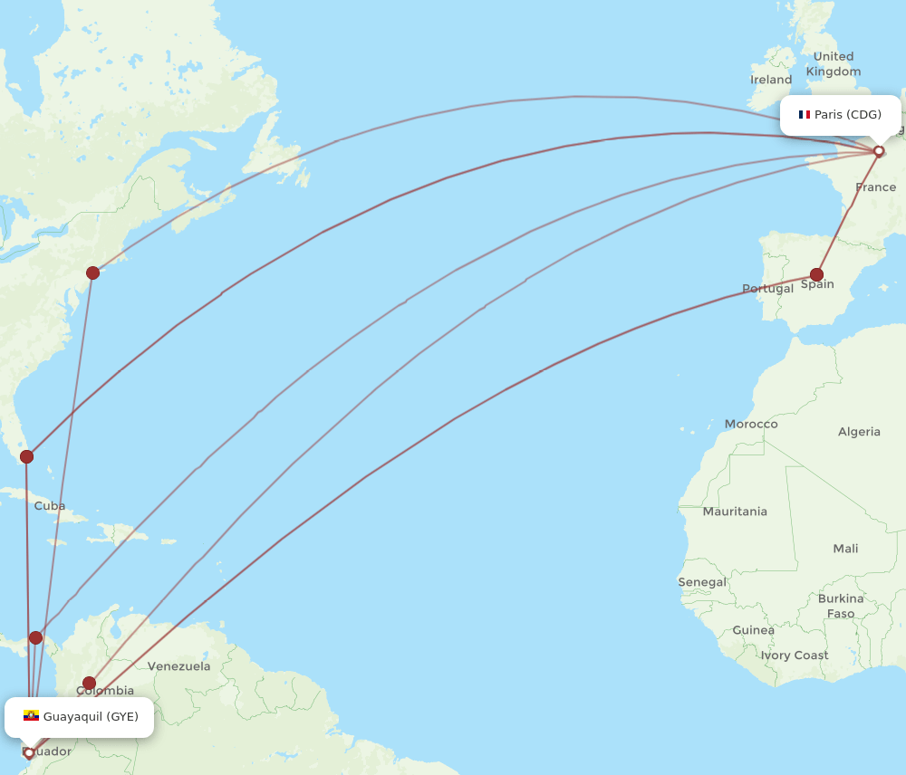 CDG to GYE flights and routes map