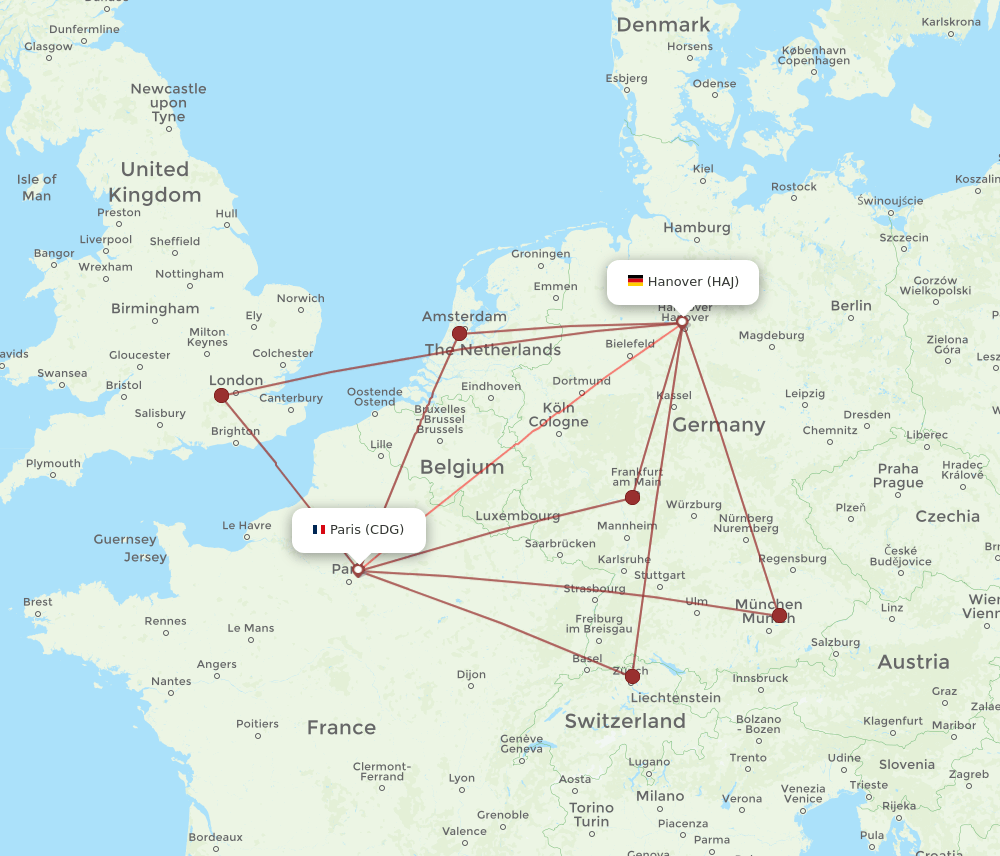 CDG to HAJ flights and routes map