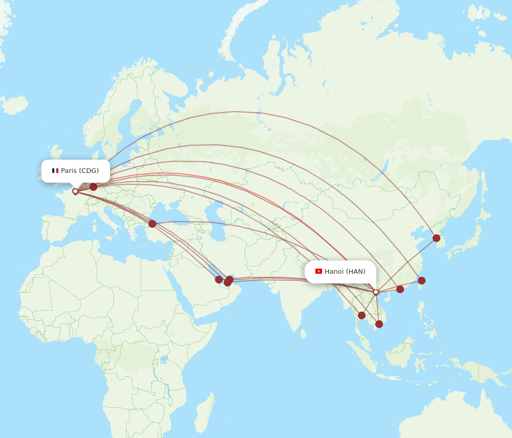 CDG to HAN flights and routes map