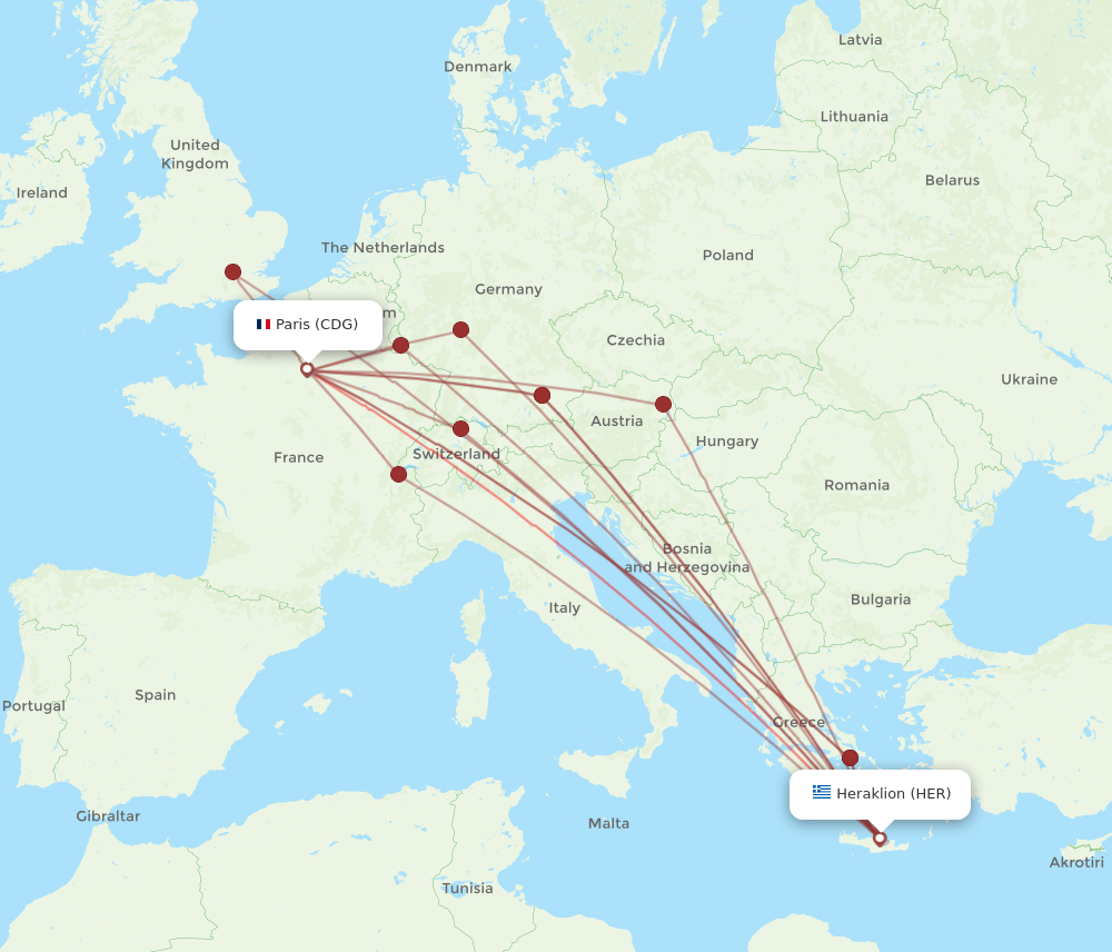 CDG to HER flights and routes map