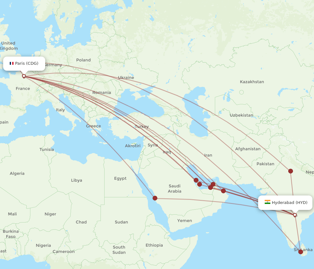 CDG to HYD flights and routes map
