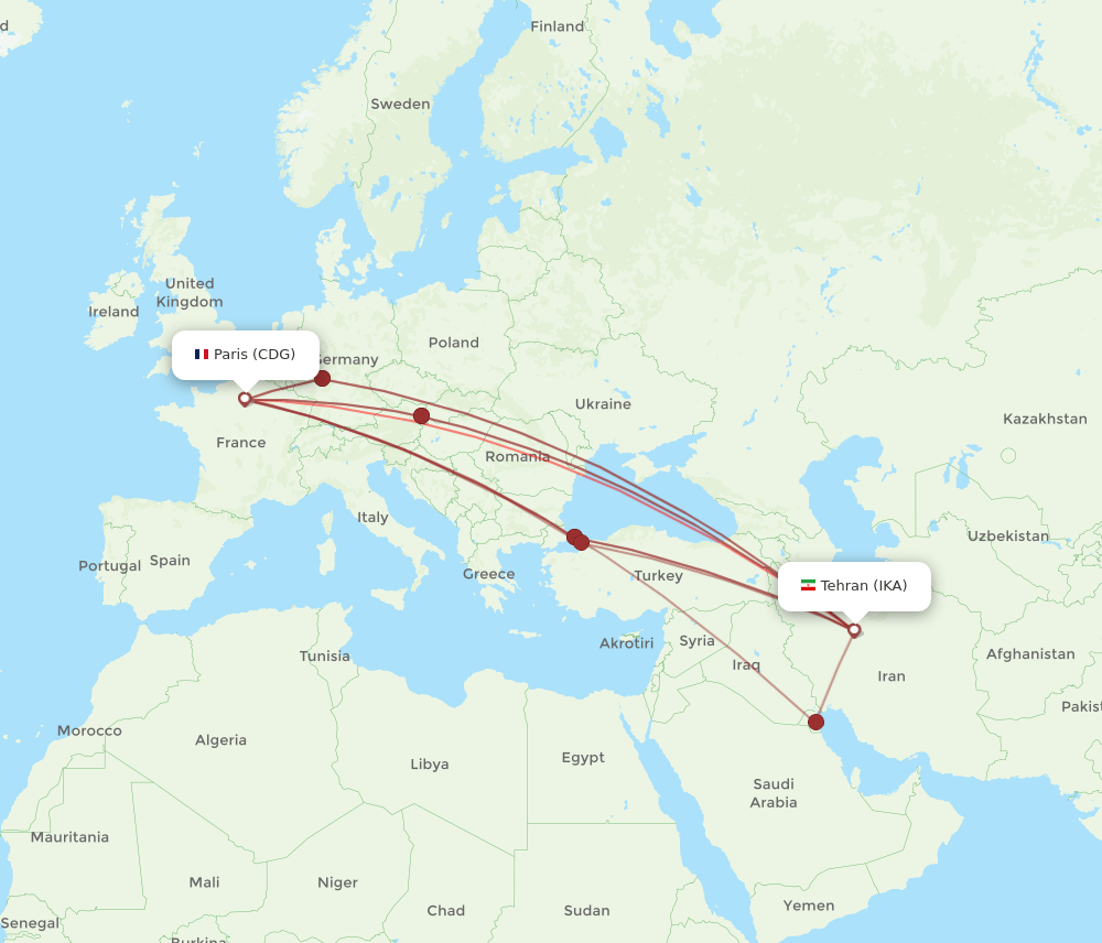 CDG to IKA flights and routes map