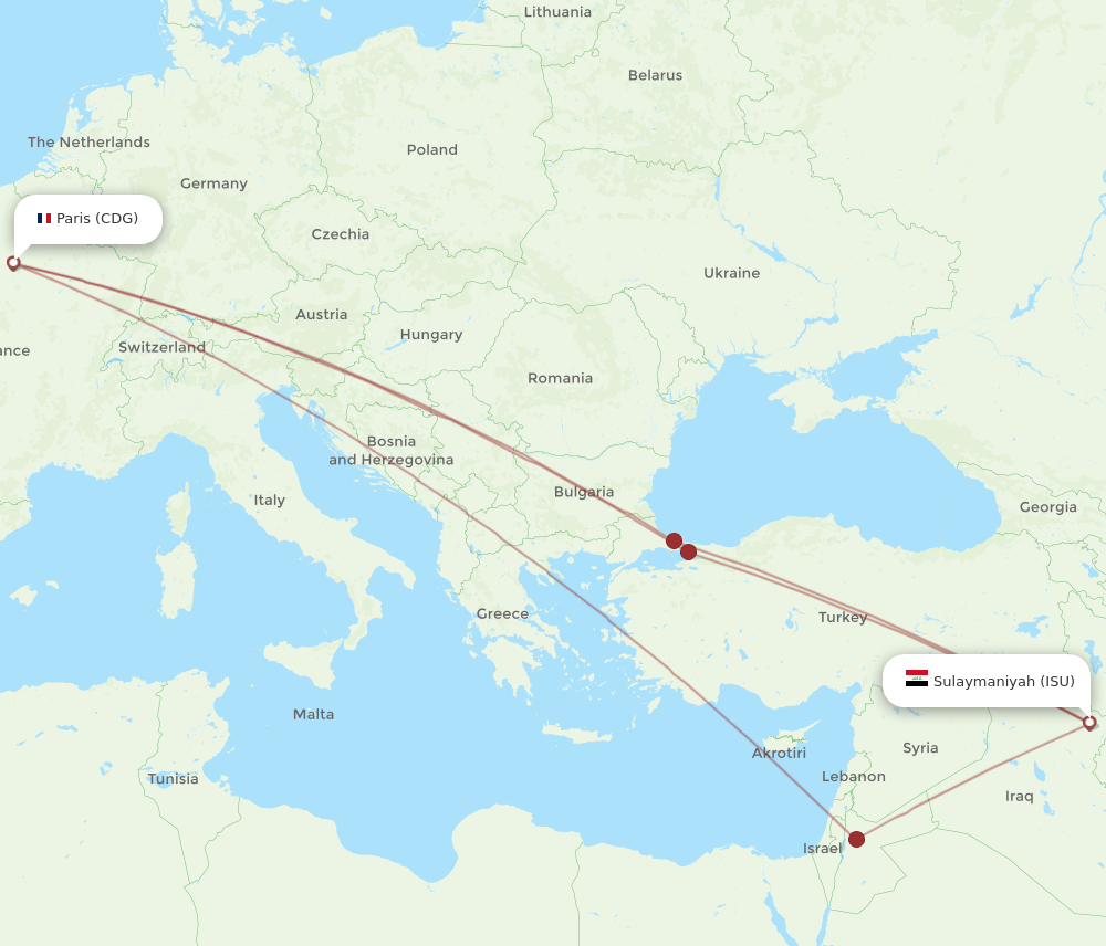 CDG-ISU flight routes