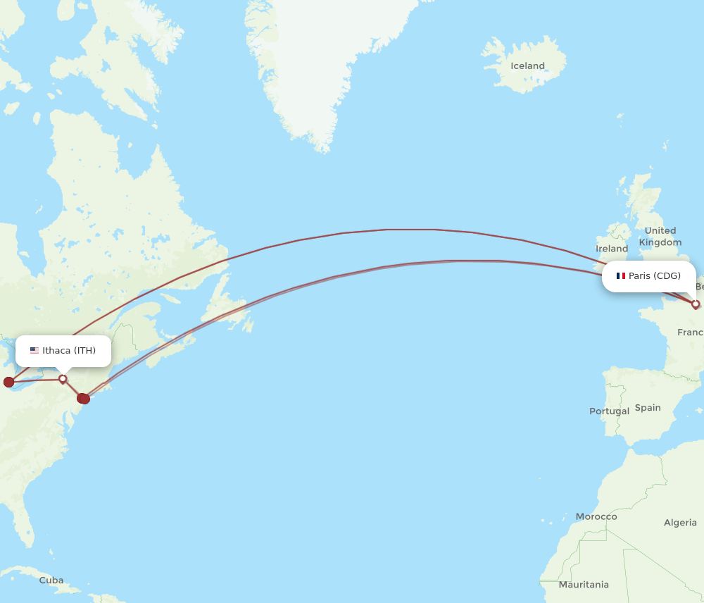 CDG to ITH flights and routes map