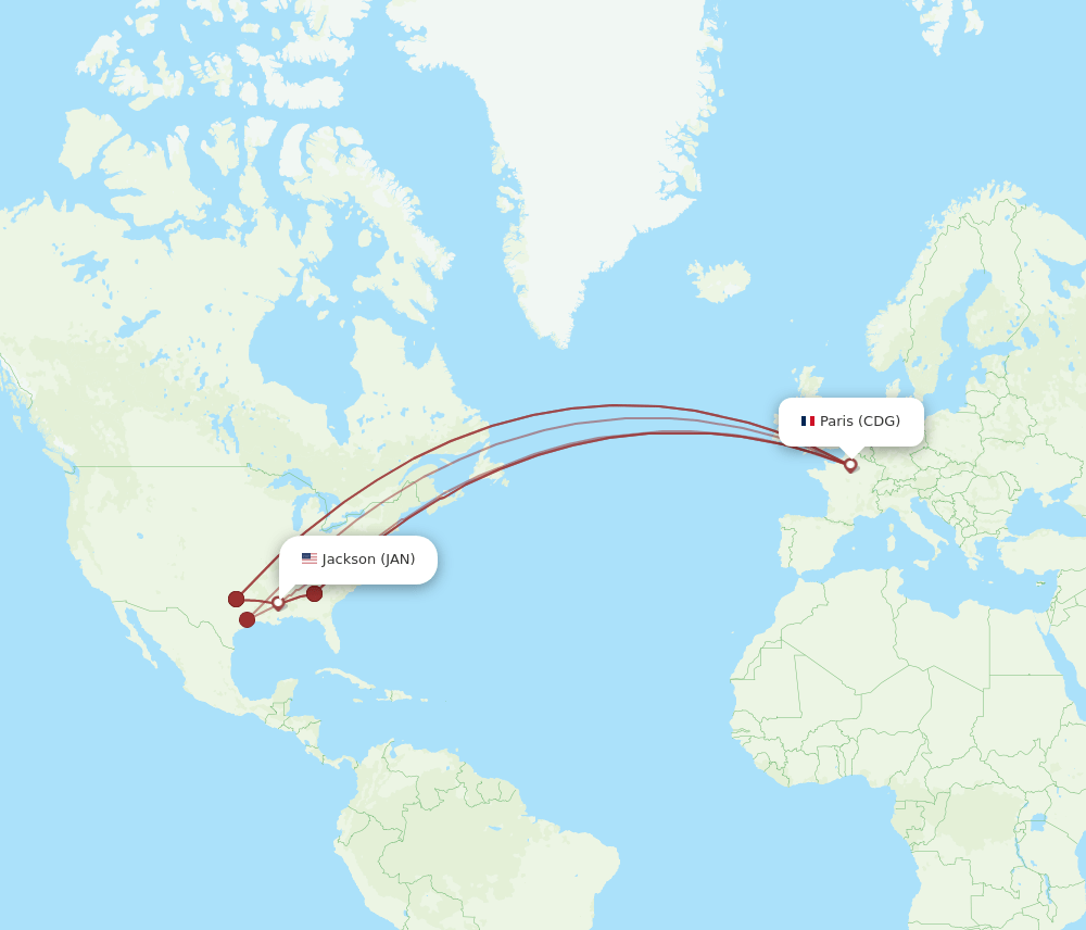 CDG to JAN flights and routes map