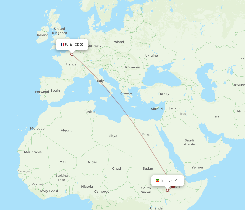 CDG to JIM flights and routes map