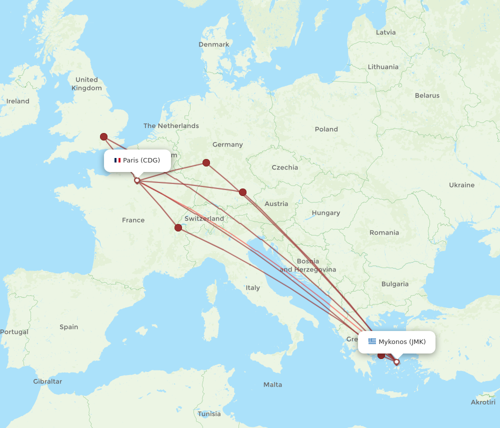 CDG to JMK flights and routes map