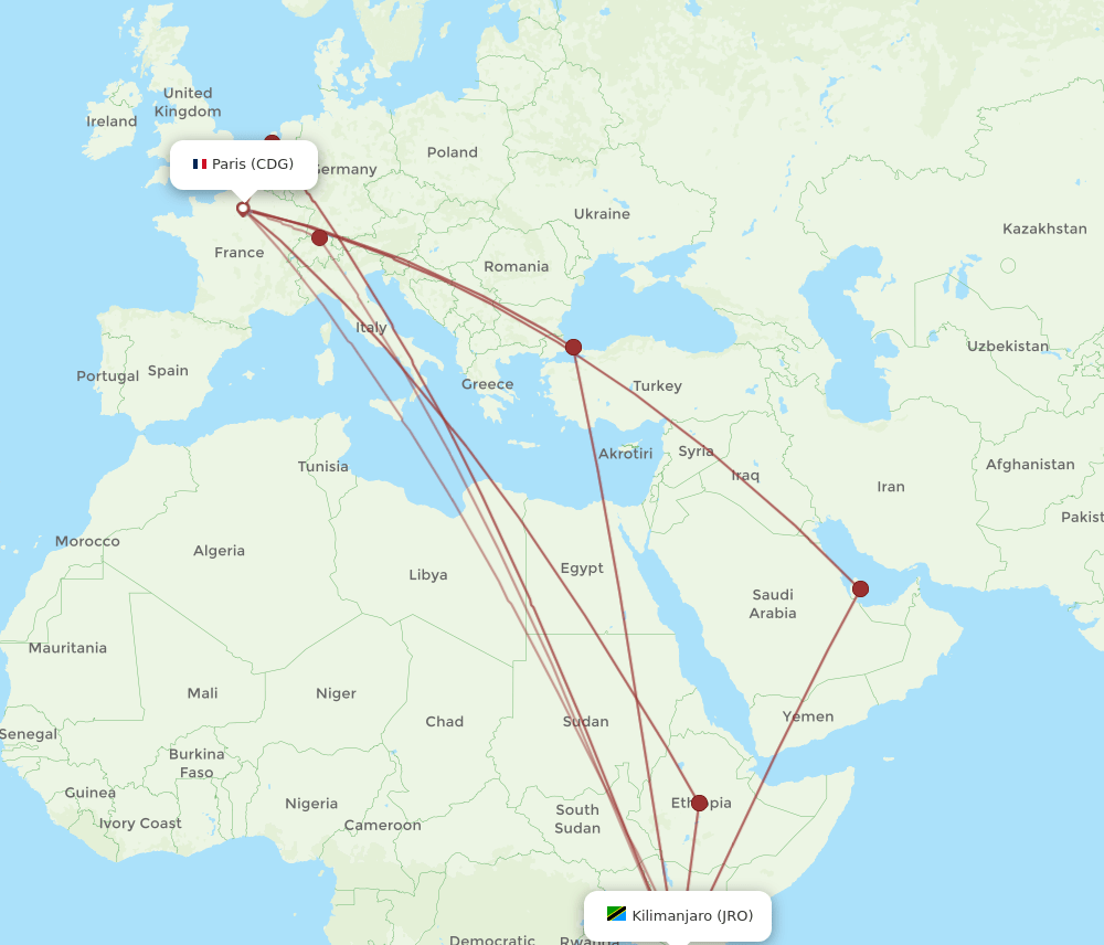 CDG-JRO flight routes