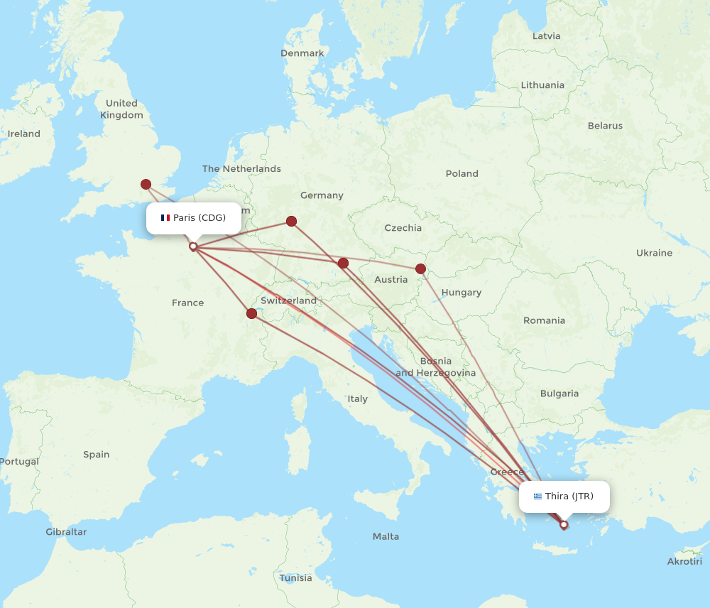 CDG to JTR flights and routes map