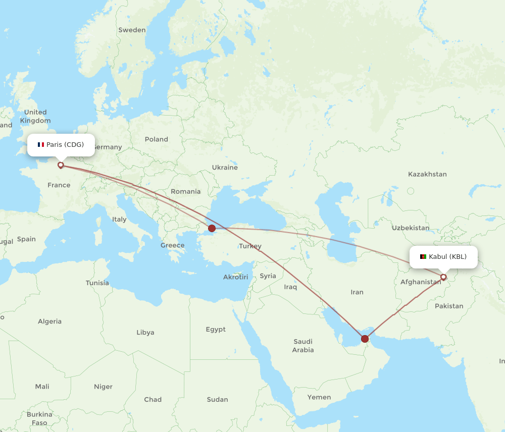 CDG to KBL flights and routes map