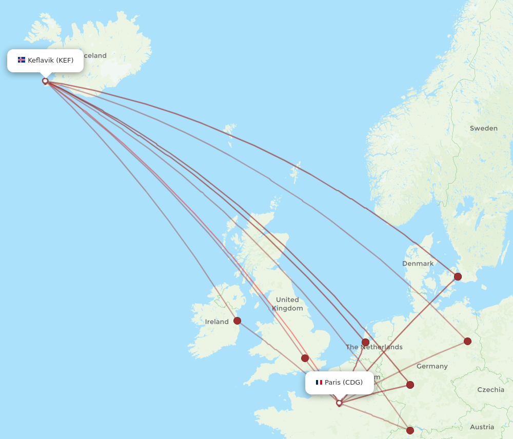 CDG to KEF flights and routes map
