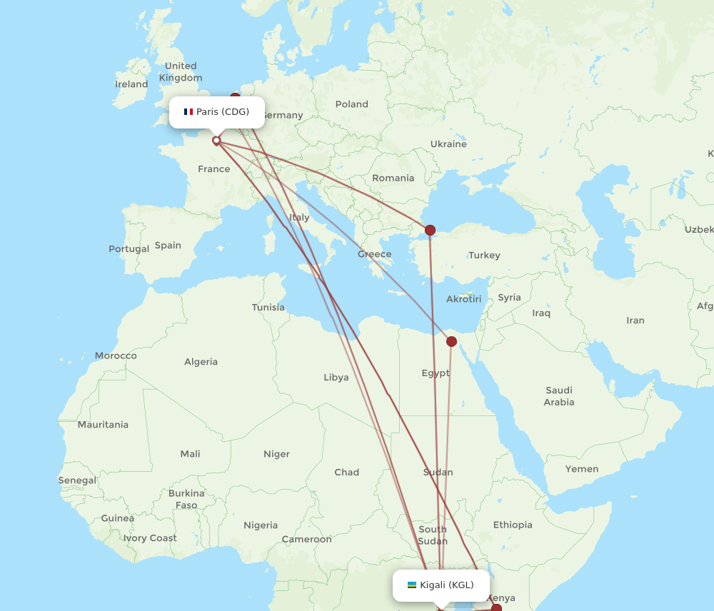 CDG to KGL flights and routes map