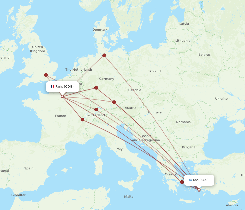 CDG to KGS flights and routes map