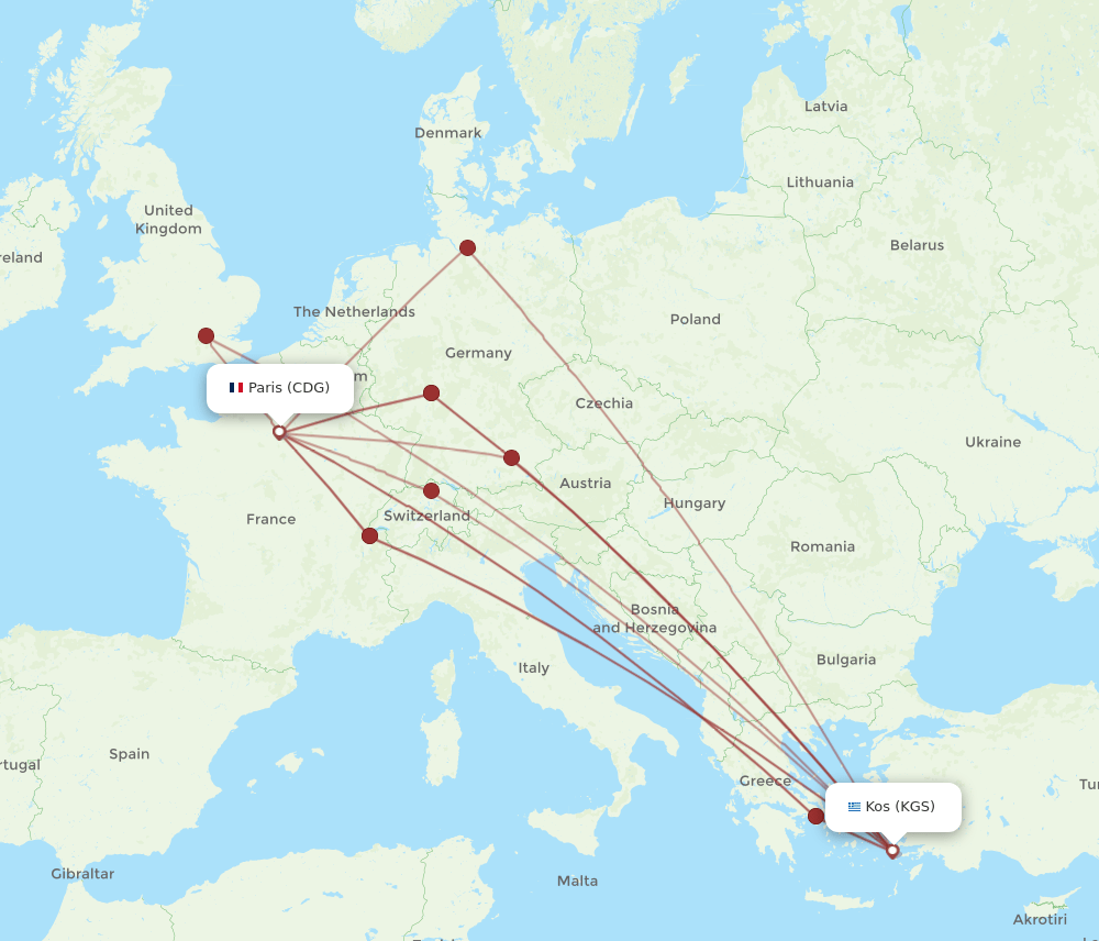 CDG to KGS flights and routes map