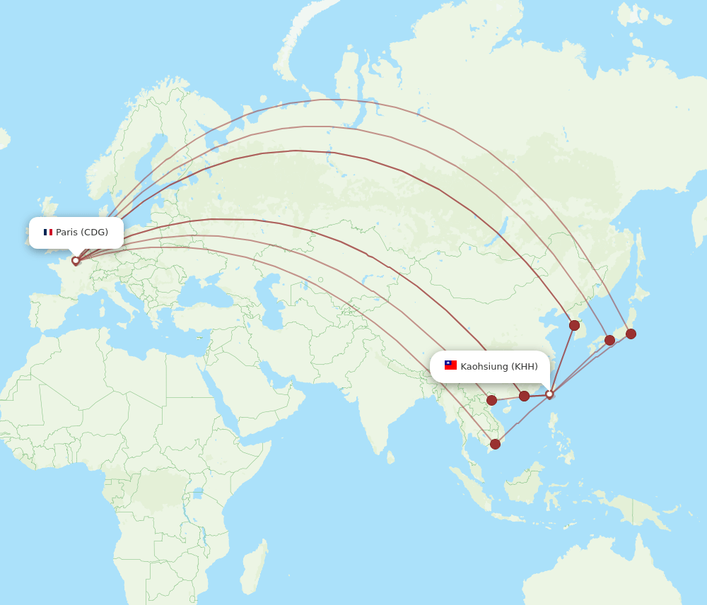 CDG to KHH flights and routes map
