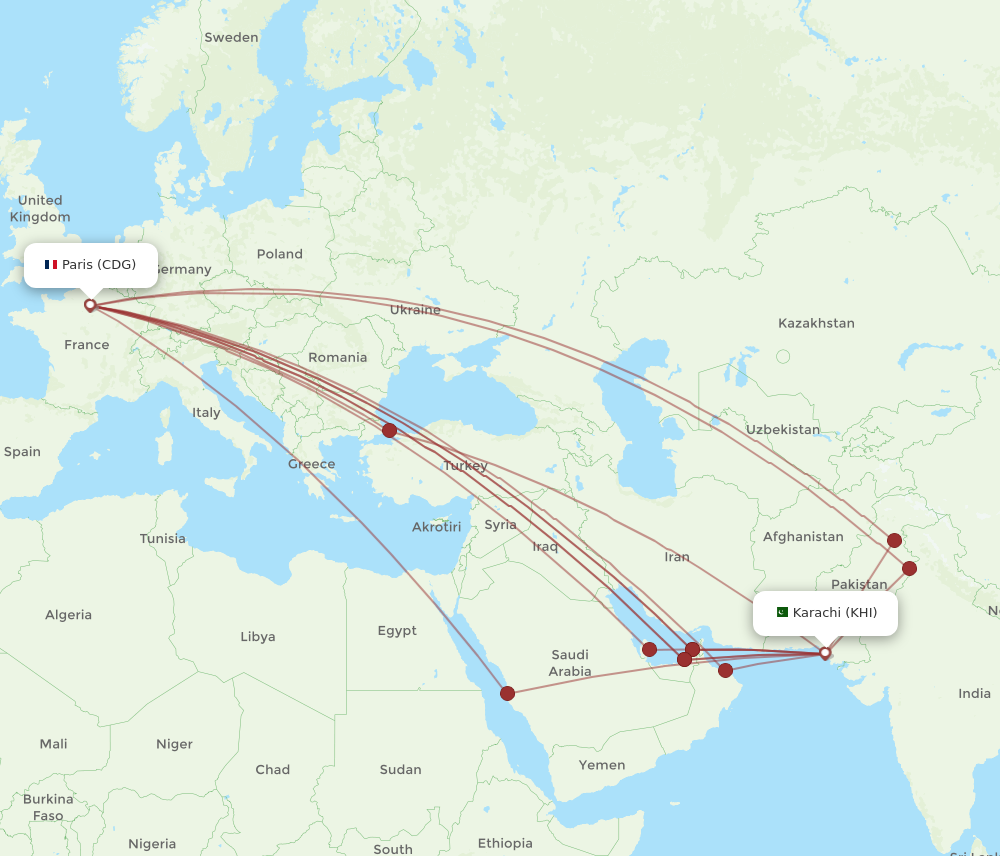 CDG to KHI flights and routes map